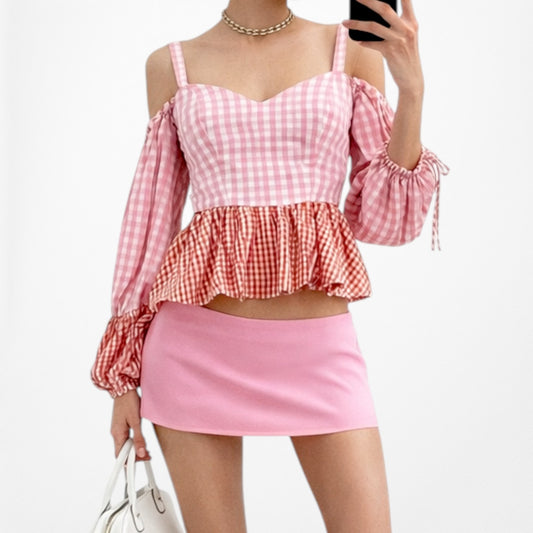 Vintage Y2K Pink Orange Checkered Off The Shoulder Puffy Sleeve Peplum Top XS