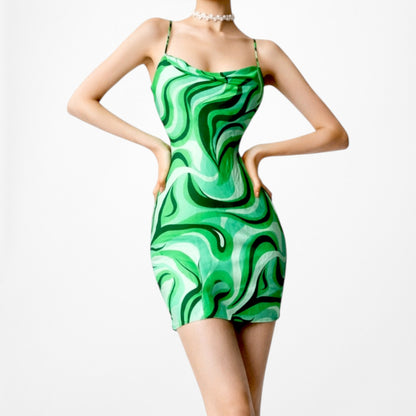 Zara Green Geometric Print Mini Cowl Neck Slip On Pullover Mini Dress Size XS