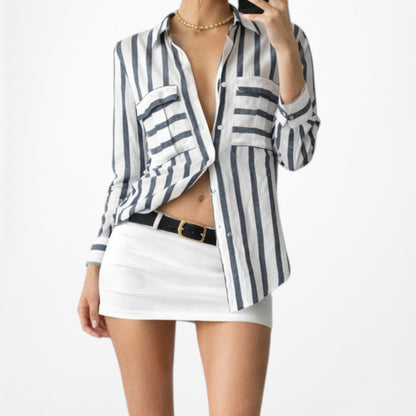 Vintage Y2K Striped White Blue Button Down Front Shirt Top Size XS/S