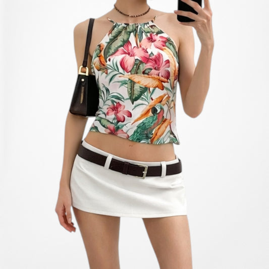 Vintage Y2K Floral Tropical Print Halter Neck Blouse Top Size S