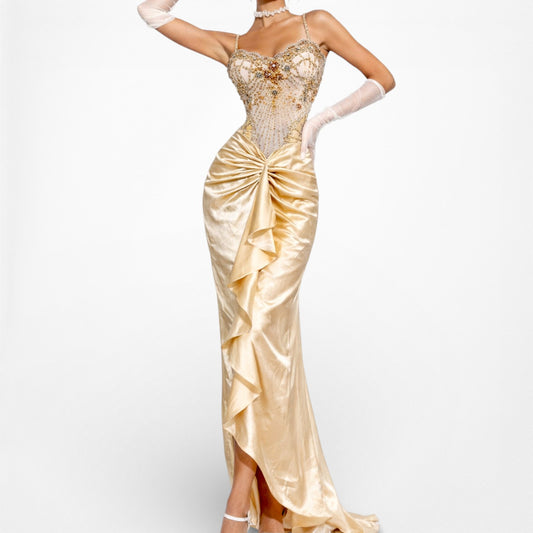 Vintage Gold Yellow Corset Bustier Beaded Ruffle Maxi Prom Dress Size XS/S