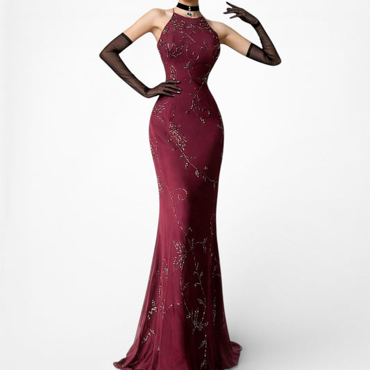 Vintage Burgundy Red Silk Floral Beaded Bodycon Maxi Cocktail Prom Dress Size S