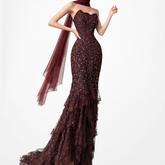 Vintage Y2K Brown Strapless Floral Beaded Ruffle Hem Maxi Prom Dress Size M