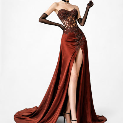 Vintage Y2K Brown Satin Lace Mesh Beaded Strapless Side Slit Maxi Prom Dress Size M/L