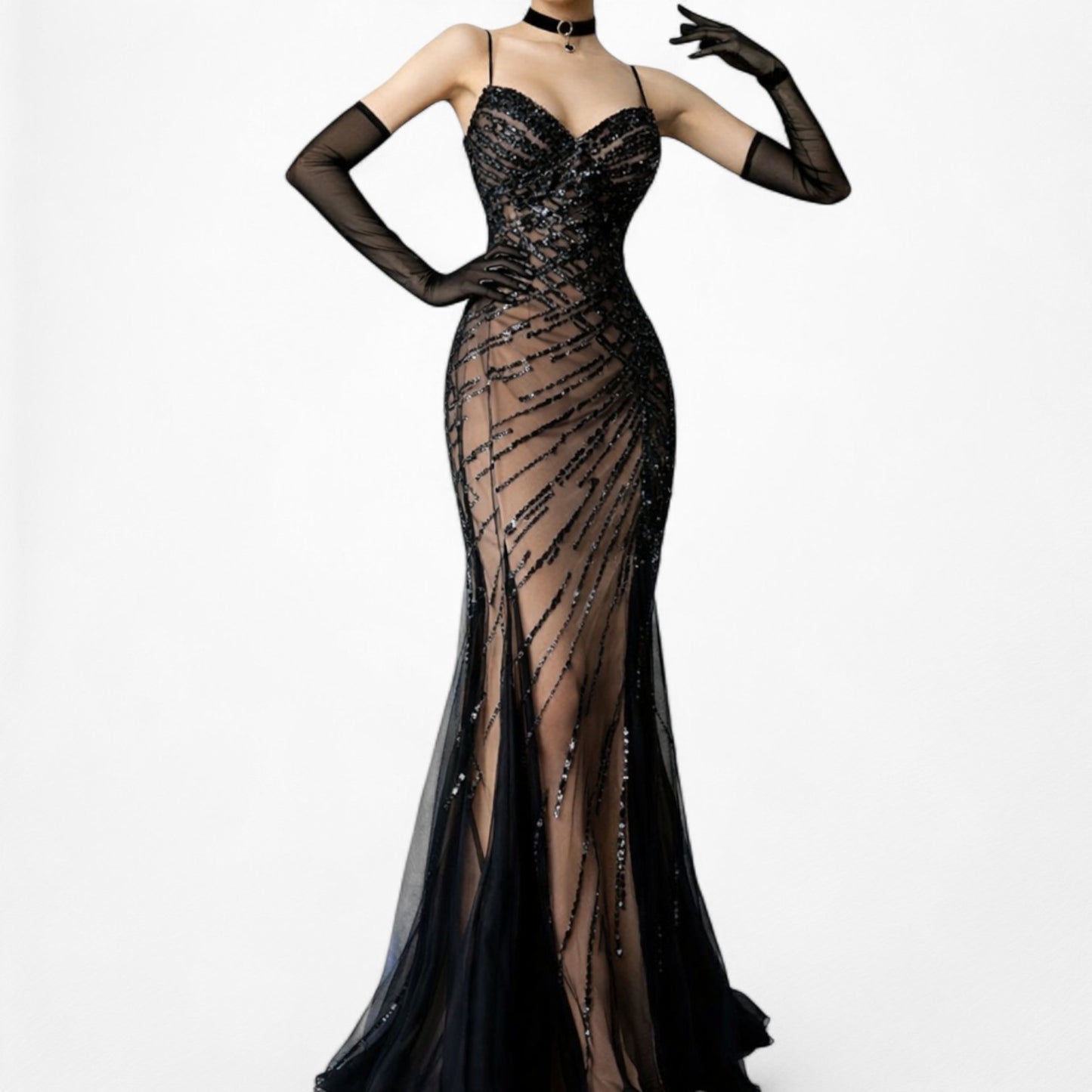 Vintage Y2K Brown Black Beaded Mesh Maxi Bodycon Side Slit Prom Dress Size M/L