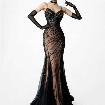 Vintage Y2K Brown Black Beaded Mesh Maxi Bodycon Side Slit Prom Dress Size M/L