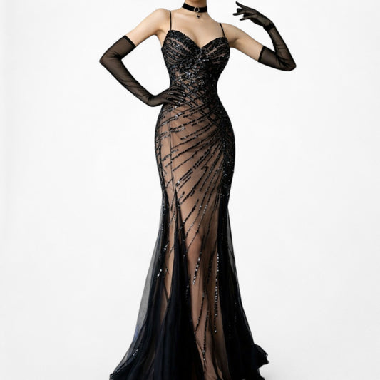 Vintage Y2K Brown Black Beaded Mesh Maxi Bodycon Side Slit Prom Dress Size M/L