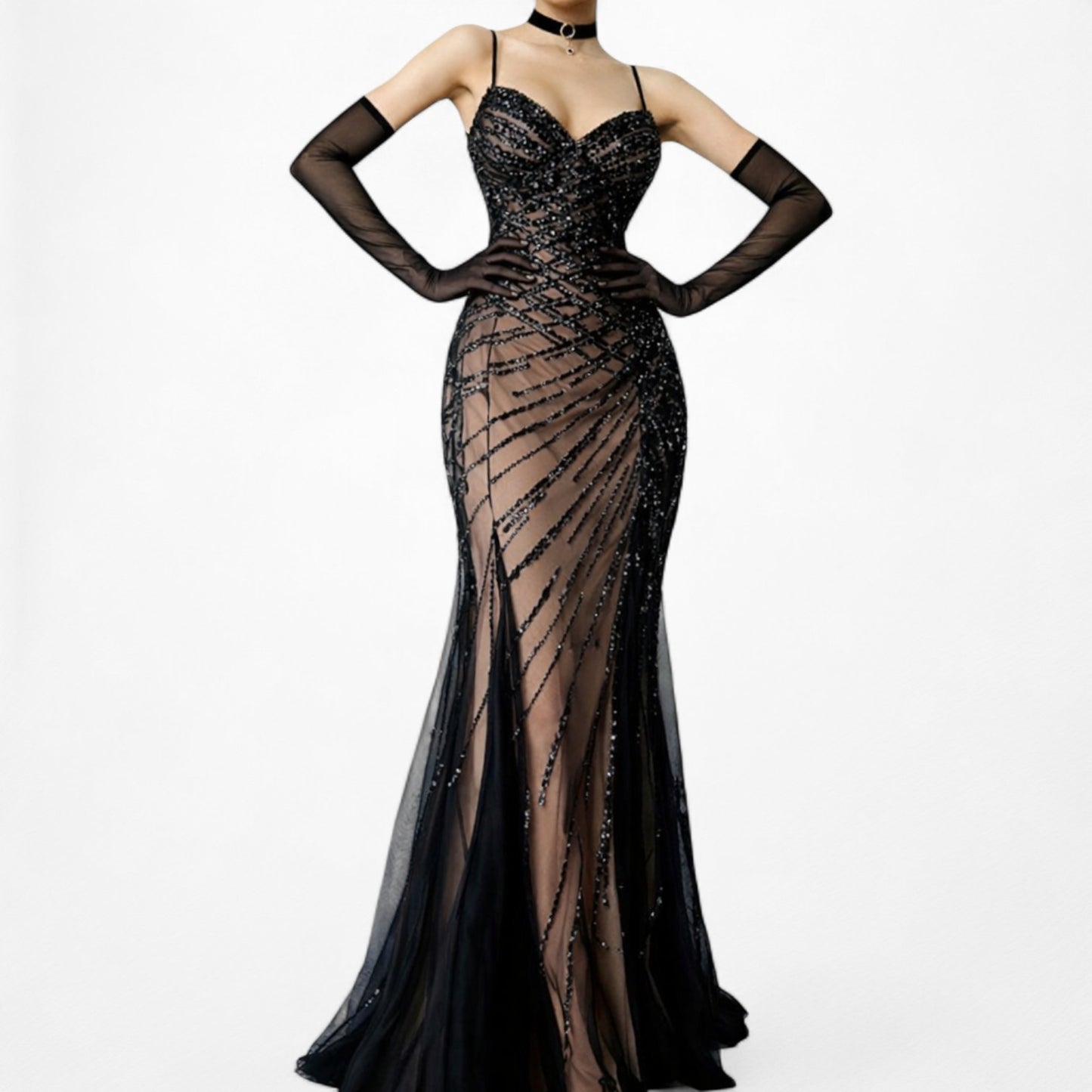 Vintage Y2K Brown Black Beaded Mesh Maxi Bodycon Side Slit Prom Dress Size M/L