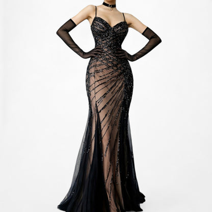 Vintage Y2K Brown Black Beaded Mesh Maxi Bodycon Side Slit Prom Dress Size M/L