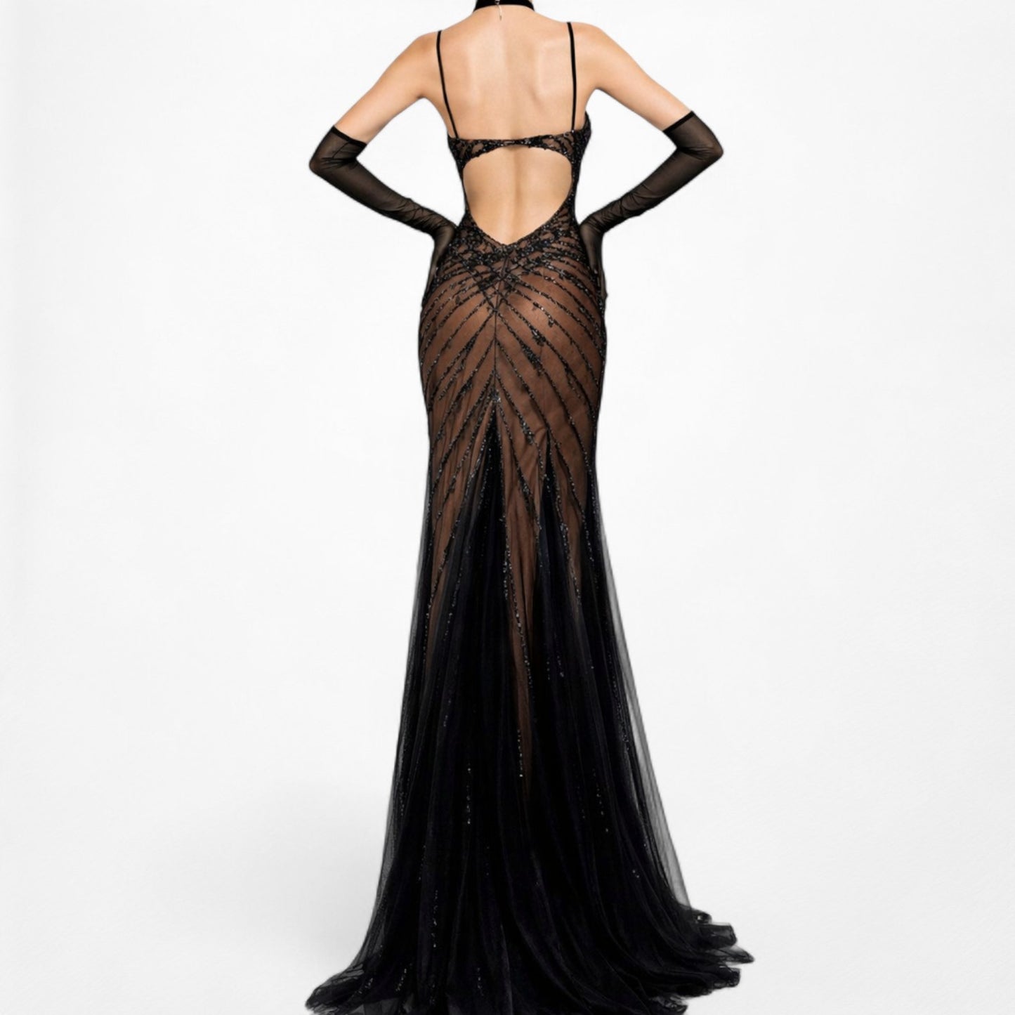 Vintage Y2K Brown Black Beaded Mesh Maxi Bodycon Side Slit Prom Dress Size M/L