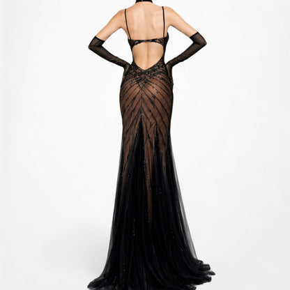 Vintage Y2K Brown Black Beaded Mesh Maxi Bodycon Side Slit Prom Dress Size M/L