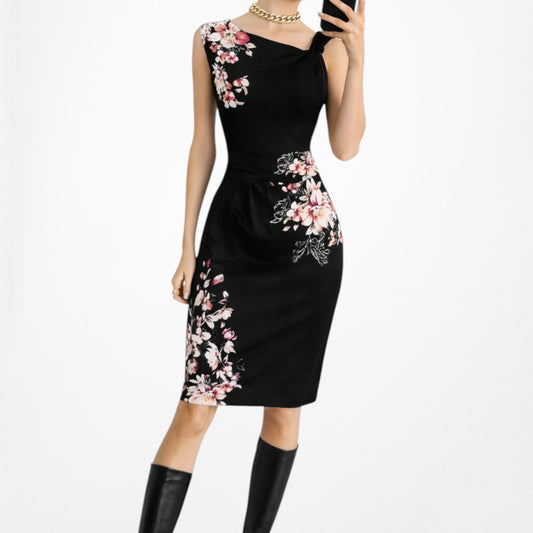 Vintage Y2K Black Knit Floral Print Knee Length Bodycon Cocktail Dress Size M