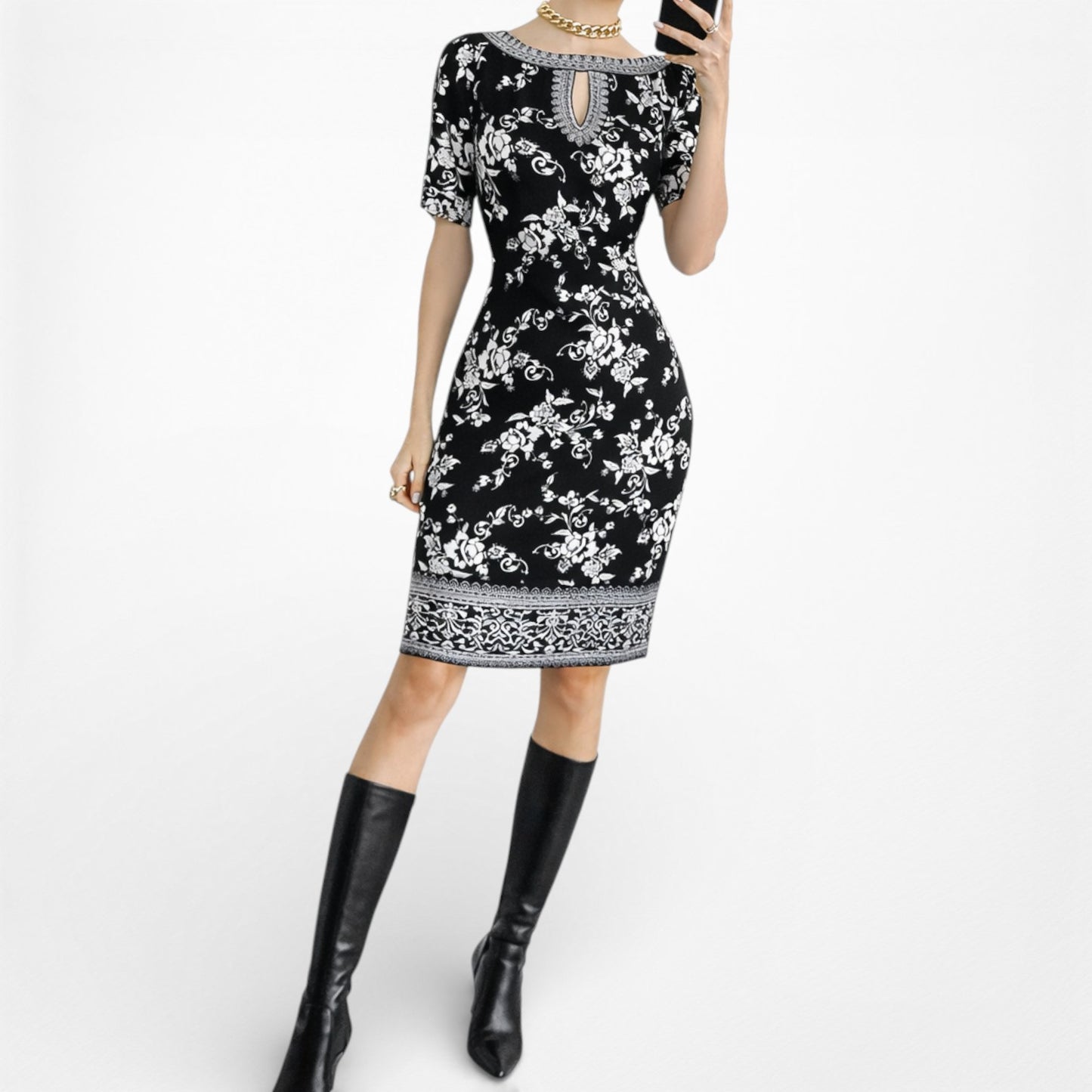 Vintage Y2K Black White Printed Knee Length Boho Knit Sheath Dress Size M