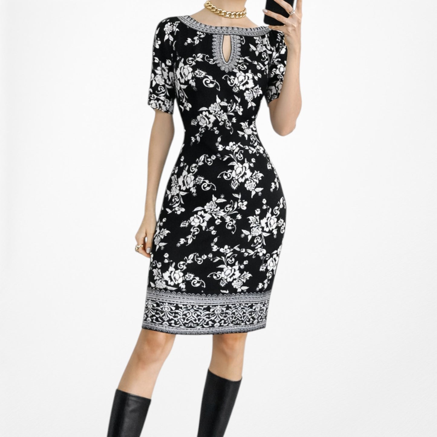 Vintage Y2K Black White Printed Knee Length Boho Knit Sheath Dress Size M