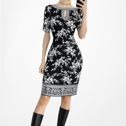 Vintage Y2K Black White Printed Knee Length Boho Knit Sheath Dress Size M