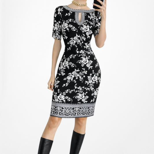 Vintage Y2K Black White Printed Knee Length Boho Knit Sheath Dress Size M