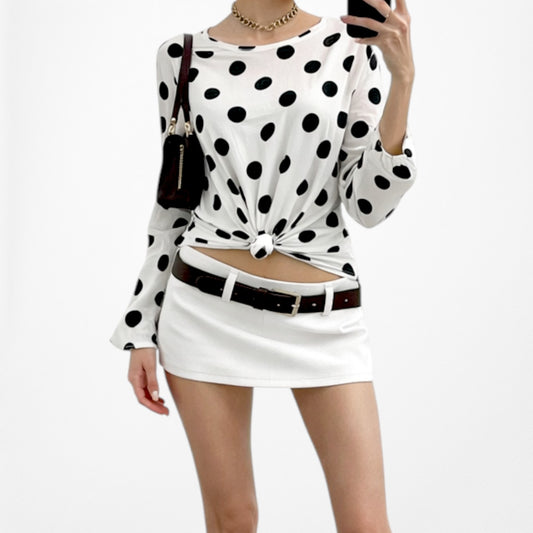 Vintage Y2K White Black Polka Dot Long Puffy Sleeve Pleated Crop Top Size XS/S