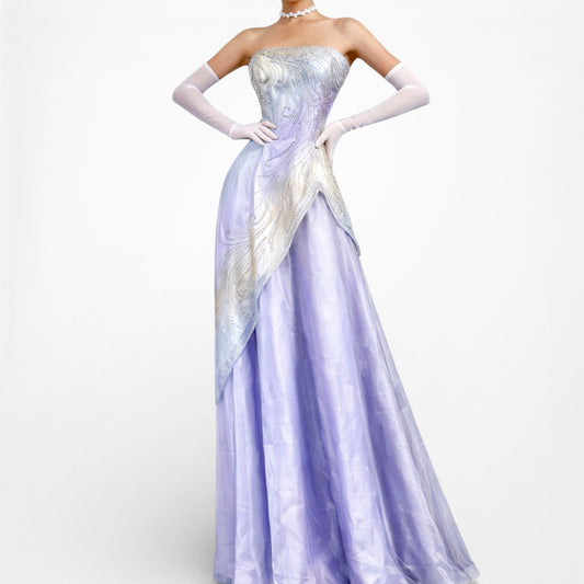 Vintage Purple Yellow Strapless Beaded Bustier Corset Maxi Prom Dress Size M