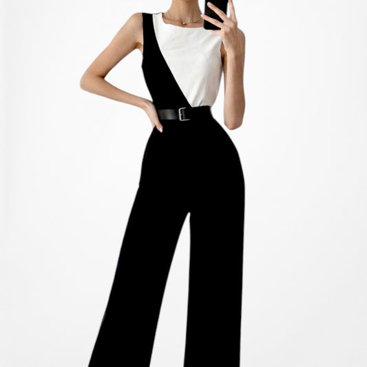 Vintage Y2K Black White Colorblock Sleeveless Wide Leg Waist Tie Jumpsuit Size M