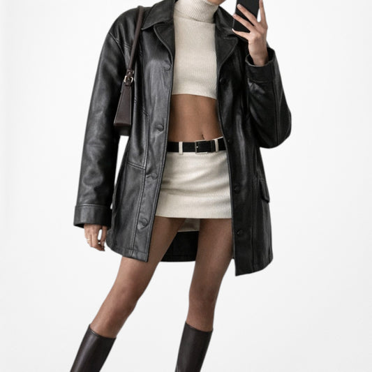 Vintage Y2K Black Real Leather Motorcycle Biker Style Jacket Coat Size L