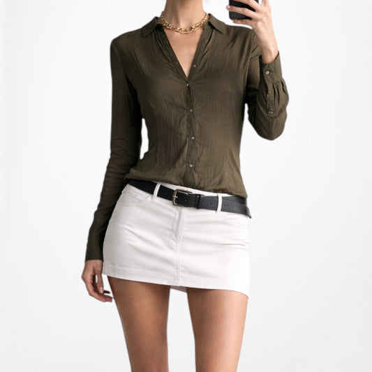 Zara Olive Camo Green Long Sleeve Henley Button Front Blouse Top Size XS/S