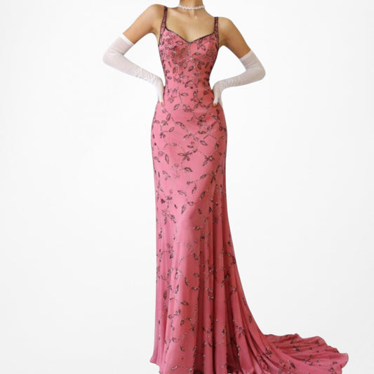 Vintage Pink Floral Beaded Bodycon Maxi Formal Prom Dress Size S