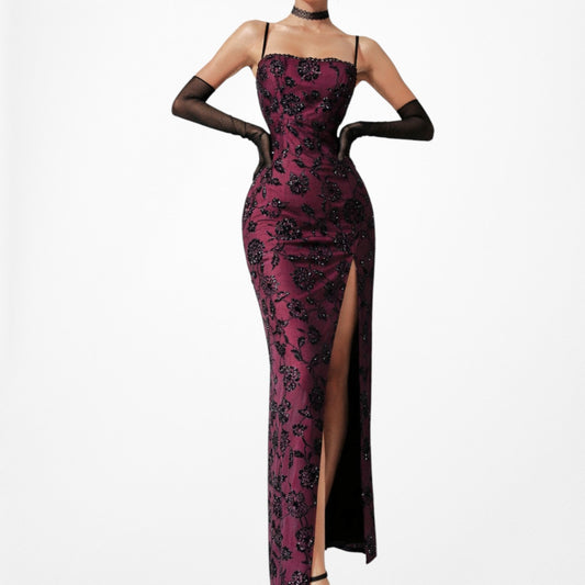 Vintage Black Burgundy Red Floral Velvet Side Slit Mesh Bodycon Maxi Cocktail Formal Prom Dress Size M/L