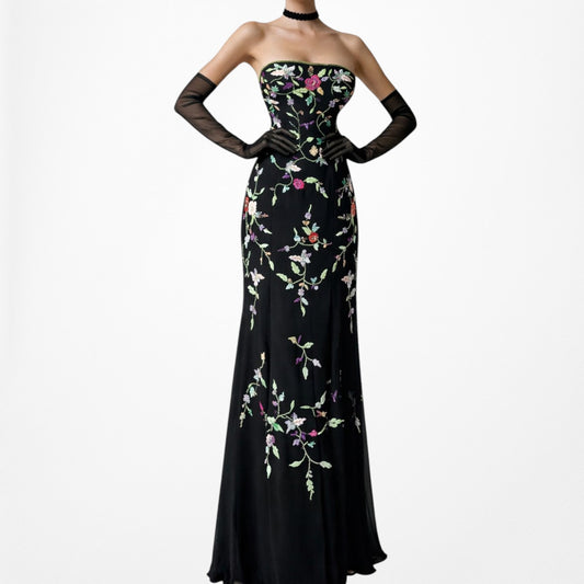 Vintage Black Strapless Floral Beaded Silk Maxi Formal Prom Dress Size M/L