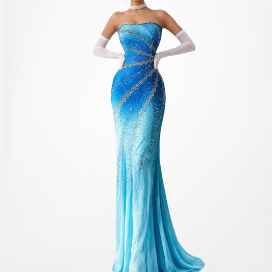 Vintage Y2K Blue Ombre Beaded Strapless Bodycon Maxi Prom Dress Size S/M