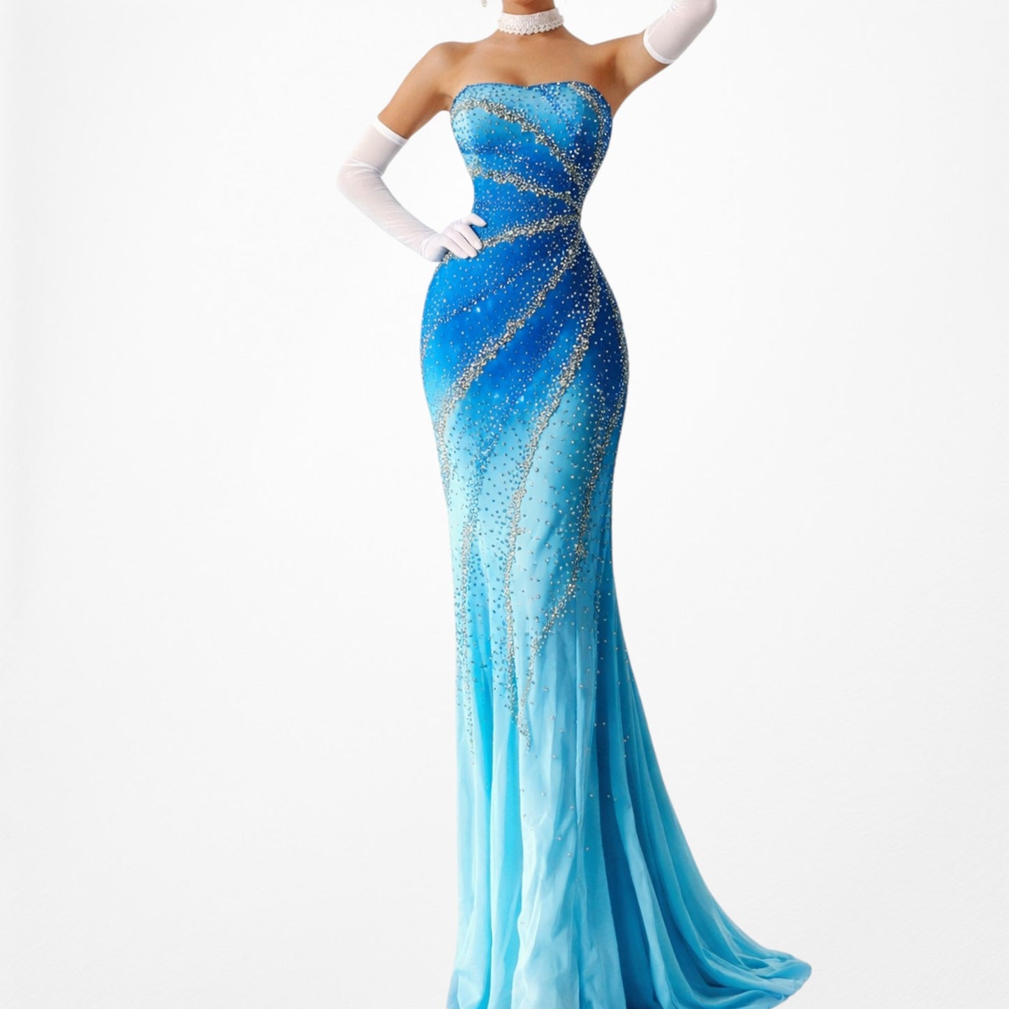 Vintage Y2K Blue Ombre Beaded Strapless Bodycon Maxi Prom Dress Size S/M