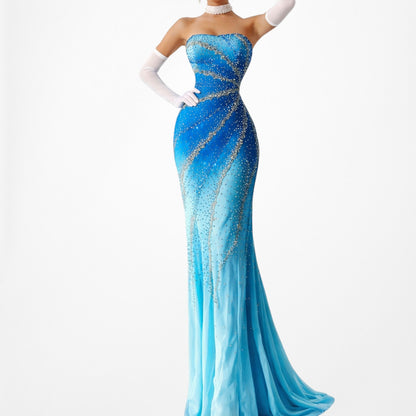 Vintage Y2K Blue Ombre Beaded Strapless Bodycon Maxi Prom Dress Size S/M