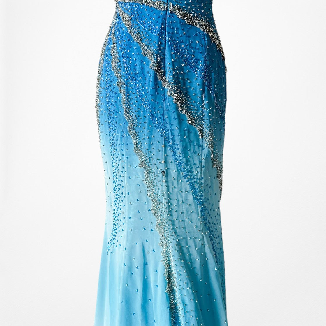 Vintage Y2K Blue Ombre Beaded Strapless Bodycon Maxi Prom Dress Size S/M