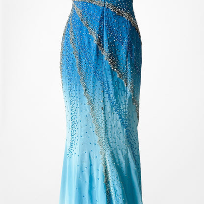 Vintage Y2K Blue Ombre Beaded Strapless Bodycon Maxi Prom Dress Size S/M