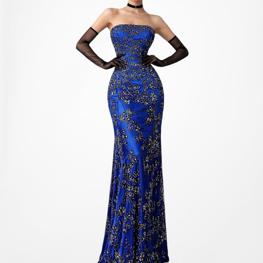 Vintage Y2K Blue Silk Strapless Floral Beaded Bodycon Maxi Prom Dress Size XS/S