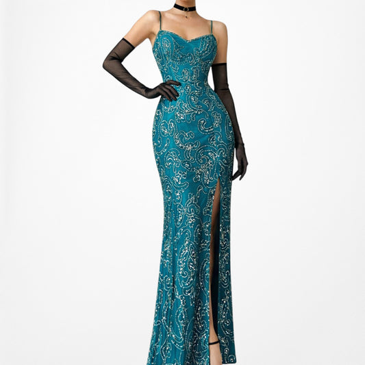 Vintage Teal Blue Silk Beaded Maxi Bodycon Side Slit Prom Dress Size M