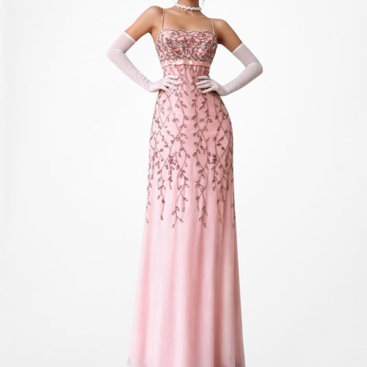 Vintage Pink Knit Bodycon Floral Beaded Mesh Maxi Prom Dress Size M/L