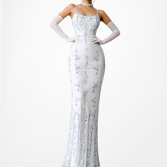 Vintage Baby Blue Silk Floral Beaded Bodycon Maxi Prom Dress Size S