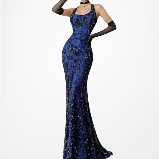 Vintage Blue Floral Beaded Silk Bodycon Maxi Formal Prom Dress Size XL