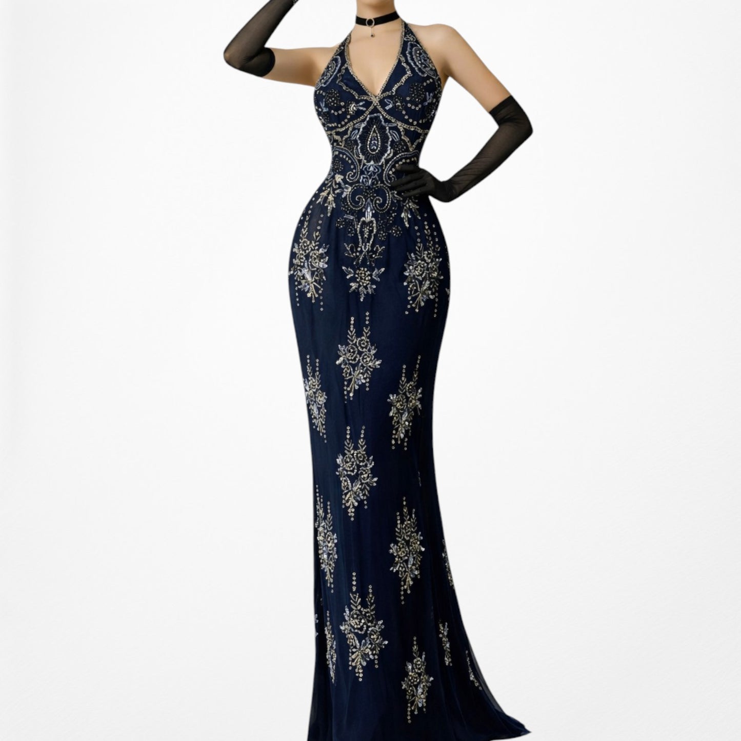 Vintage Y2K Black Navy Silk Beaded Halter Bodycon Maxi Prom Dress Size M