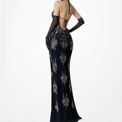 Vintage Y2K Black Navy Silk Beaded Halter Bodycon Maxi Prom Dress Size M