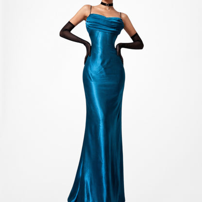 Vintage Blue Satin Babydoll Fit Flared Maxi Cocktail Prom Dress Size M