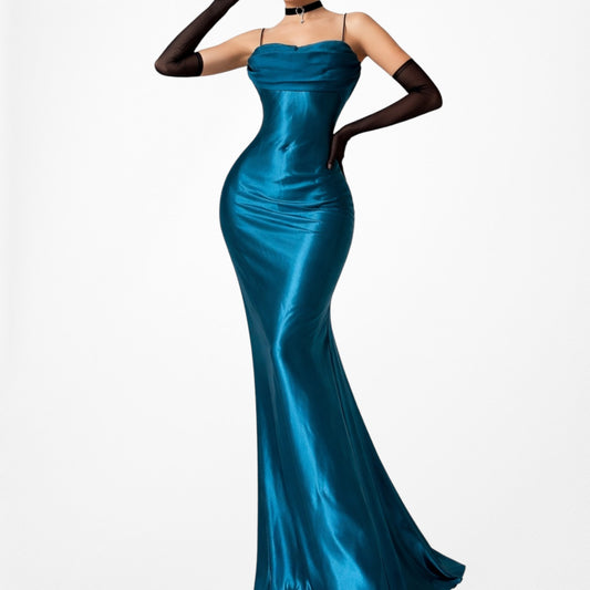 Vintage Blue Satin Babydoll Fit Flared Maxi Cocktail Prom Dress Size M