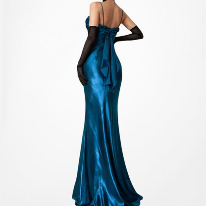Vintage Blue Satin Babydoll Fit Flared Maxi Cocktail Prom Dress Size M