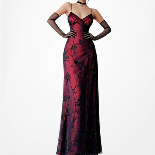 Vintage Burgundy Red Floral Velvet Beaded Mesh Bodycon Maxi Dress Size M/L