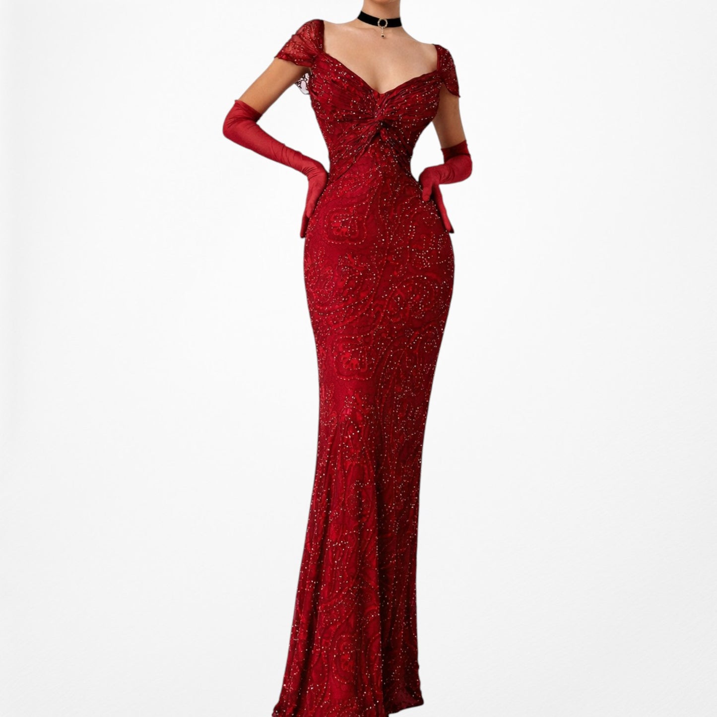 Vintage Red Beaded Fit Flared Silk Bodycon Maxi Prom Scarf Dress Size S/M
