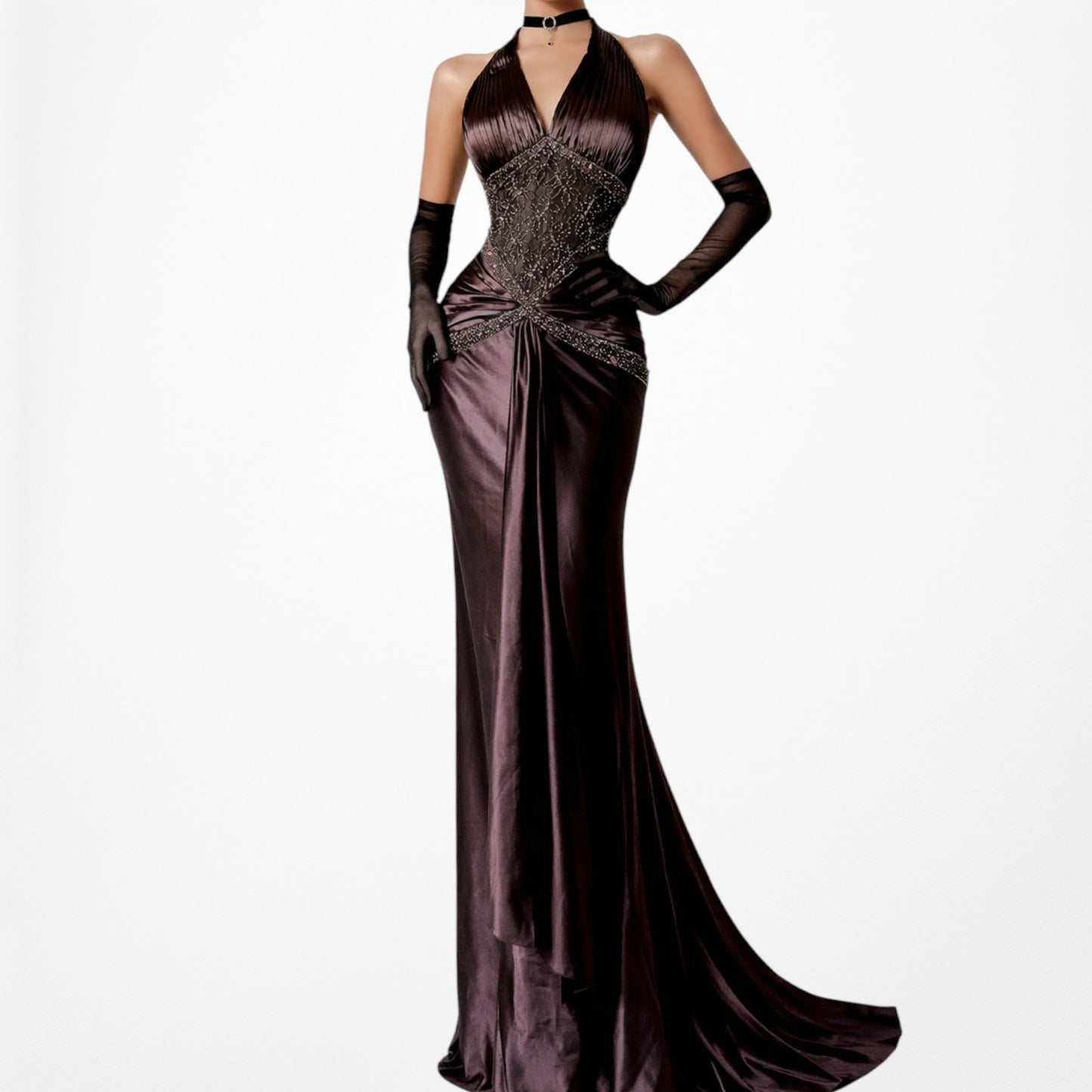 Vintage Brown Halter Beaded Satin Fit Flared Pleated Maxi Prom Dress Size L/XL