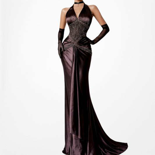 Vintage Brown Halter Beaded Satin Fit Flared Pleated Maxi Prom Dress Size L/XL