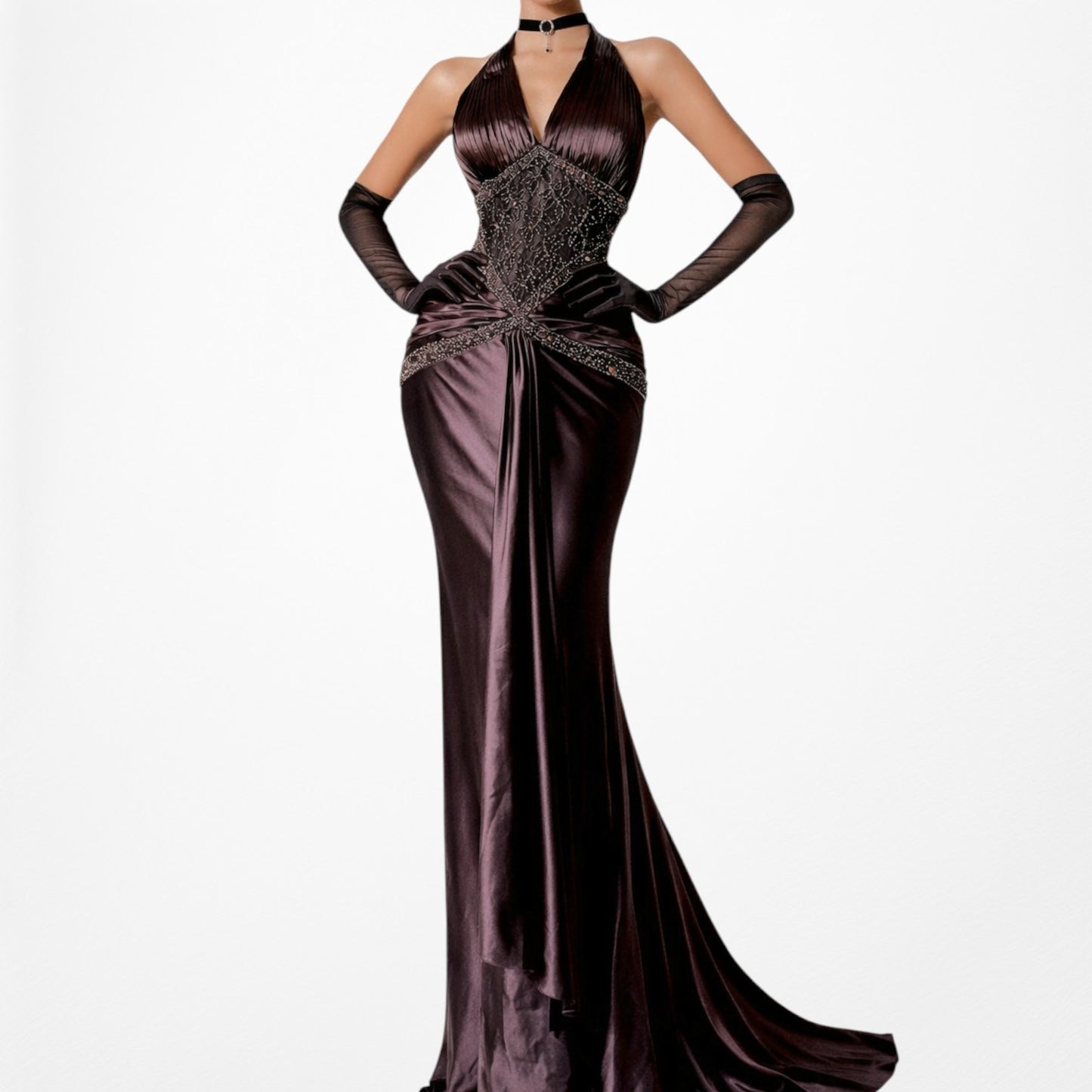 Vintage Brown Halter Beaded Satin Fit Flared Pleated Maxi Prom Dress Size L/XL