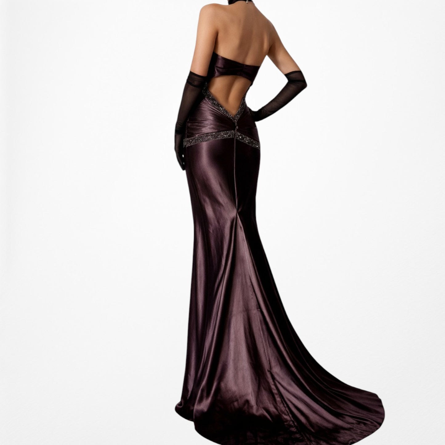 Vintage Brown Halter Beaded Satin Fit Flared Pleated Maxi Prom Dress Size L/XL