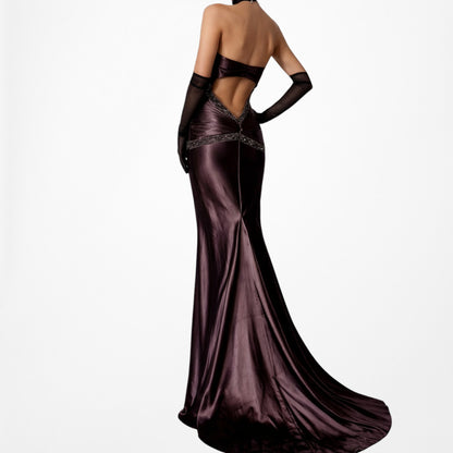Vintage Brown Halter Beaded Satin Fit Flared Pleated Maxi Prom Dress Size L/XL